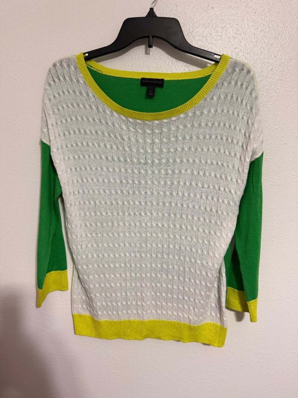 Worthington Sweater White Green Yellow Colorblock Cable Womans L